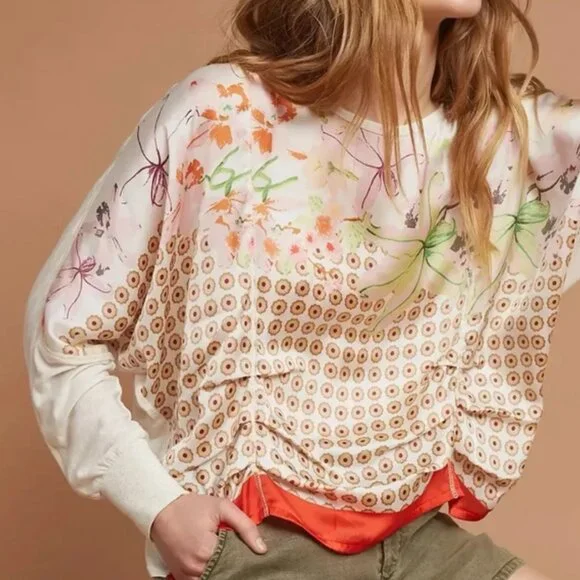 Anthro TINY Floral Ruched Dolman Sleeve Blouse size L - Picture 15 of 15